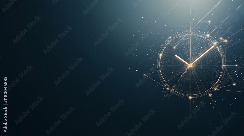 Poster artistic depiction of a glowing clock with brilliant sparkles and light beams on a dark background, 