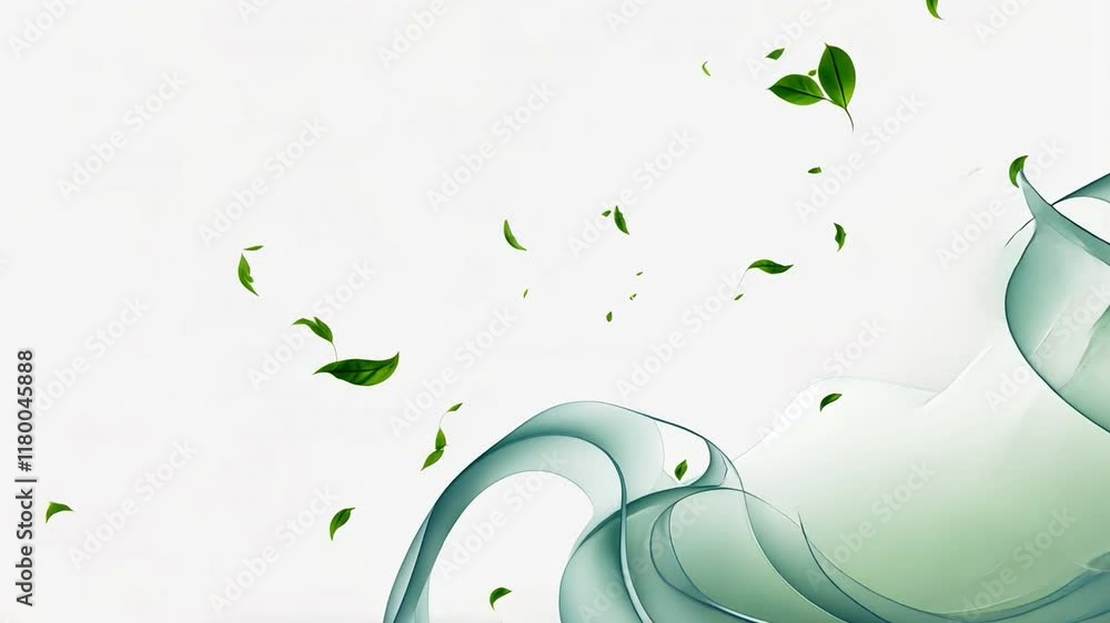Poster green abstract flow: abstract, swirling, green shapes and leaves are flowing through the air, creati