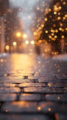 Blurred winter city background with glowing festive lights and snowy streets, evoking a tranquil and magical urban atmosphere, style book illustration