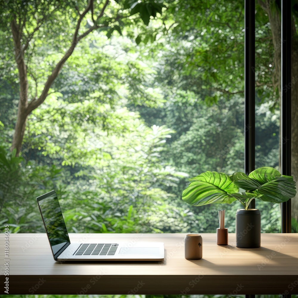 Poster modern workspace with laptop surrounded by lush greenery and natural light, creating a serene and in