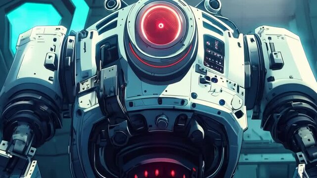 White robot activating in futuristic environment