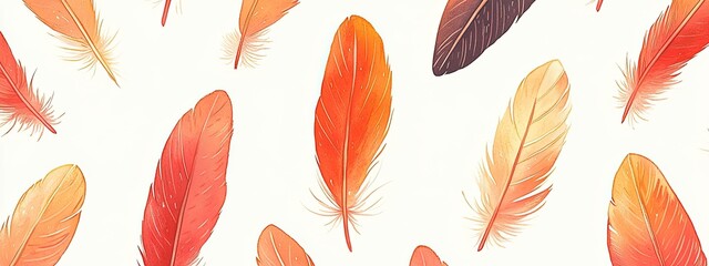 Obraz premium Feather pattern orange bird background line design texture icon isolated. Soft Feather Orange Wing Pattern silhouette set seamless pen illustration gold graphic art plumage wallpaper deco nature logo.