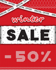 Red and white winter sale banner. Background in the form of a knitted sweater with an ornament. Forms. Modern background. Winter pattern. Figure background