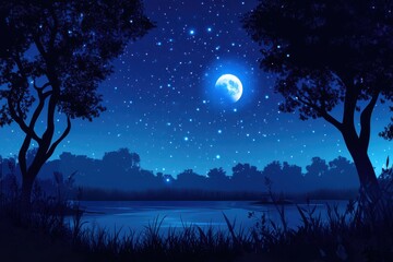Tranquil night scene with a full moon and starry sky over a serene lake.