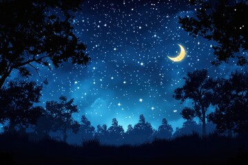 Naklejka premium Serene night scene with crescent moon and starlit sky over a dark forest.