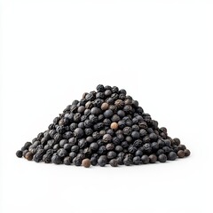Small heap of whole black peppercorns with rough, textured surface, isolated on a white background 