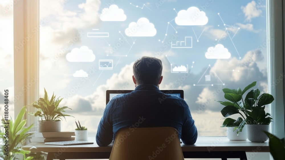 Poster modern professional working on computer with cloud technology and green plants near window overlooki