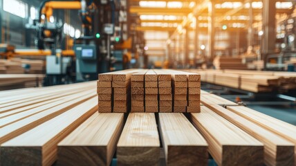 A stack of timber is prominently displayed in a wooden workshop, illuminated by warm industrial lighting, showcasing the materials used in woodworking and construction.