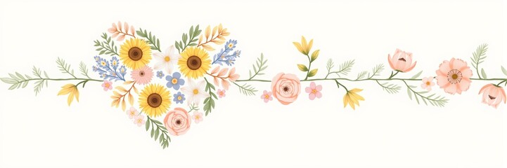 Naklejka premium Floral heart arrangement with sunflowers and roses on a light background