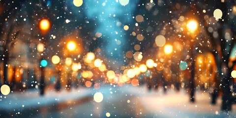 Naklejka premium Winter cityscape with blurred festive lights, snowy atmosphere, urban charm