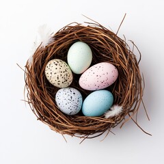 Obraz premium Miniature bird's nest with speckled pastel eggs and faux feathers isolated on a white background 