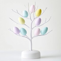 Minimalist Easter tree with white branches and single matte pastel egg ornaments isolated on a white background 