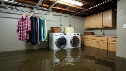 clothes hanging in the basement and appliances in the flooded laundry room