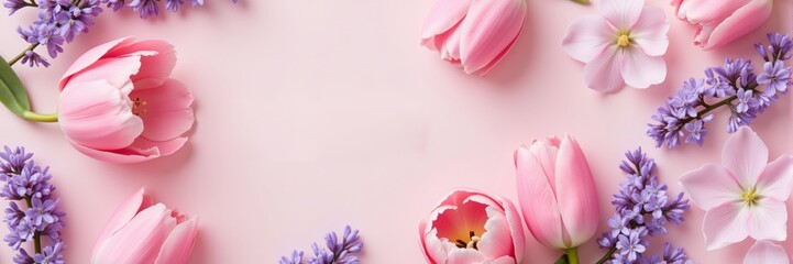 Fototapeta premium Pink tulips and purple flowers on soft pink background