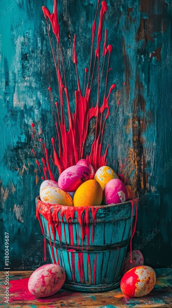 Poster colorful easter eggs create a striking visual in a rustic setting with drips of vibrant paint on a w