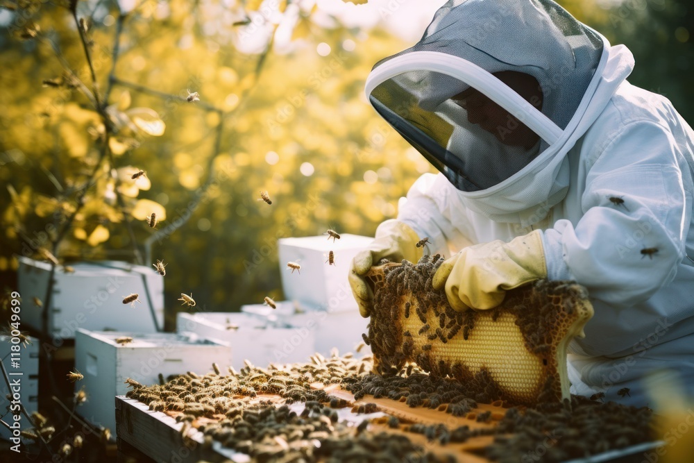 Poster beekeeper extracting honeycomb frame from beehive in apiary, surrounded by flying bees, demonstratin