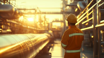 Medium shot of an industrial worker observing factory machinery during sunset, with golden light reflecting on metallic surfaces.