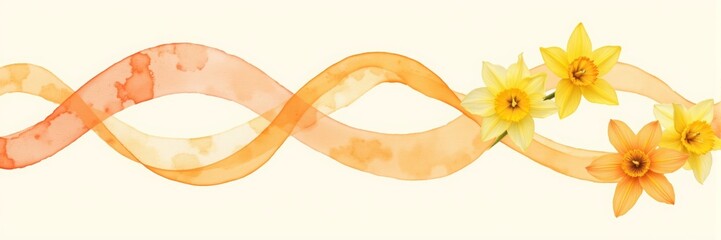 Watercolor daffodils with orange ribbon on light background