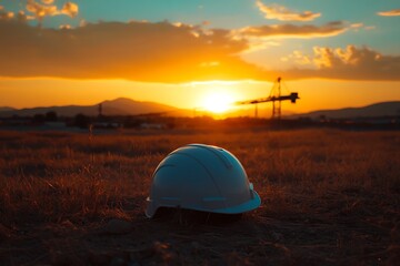 Fototapeta premium Helmet of a miner on the background of a beautiful sunset.