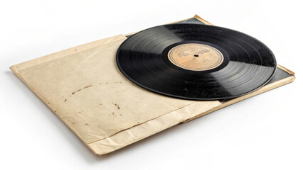 Fototapeta premium A vintage vinyl record partially slides out of its worn paper sleeve, revealing a central label on the disc. The record's surface shows grooves typical of classic audio recordings.AI