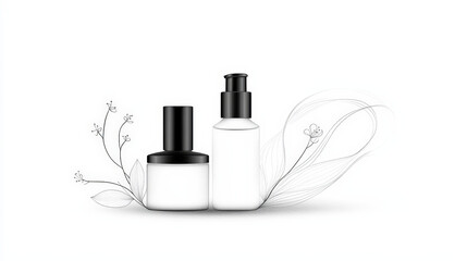 Elegant sketch of skincare products with floral details, emphasizing simplicity
