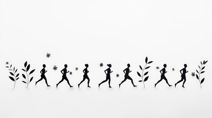Dynamic runners captured in a black and white ink line sketch with floral accents