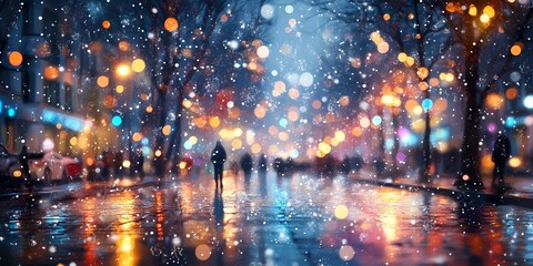 Naklejka premium Winter cityscape with blurred festive lights, snowy atmosphere, urban charm