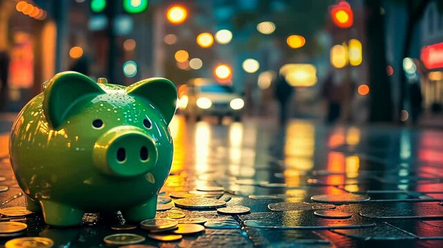 A vibrant green piggy bank sits amidst scattered coins on a wet city street at night, symbolizing savings and financial planning in an urban setting.