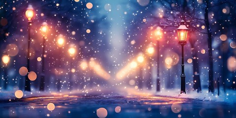 Winter cityscape with blurred festive lights, snowy atmosphere, urban charm