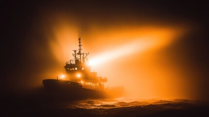 Majestic Ship in a Golden Foggy Night