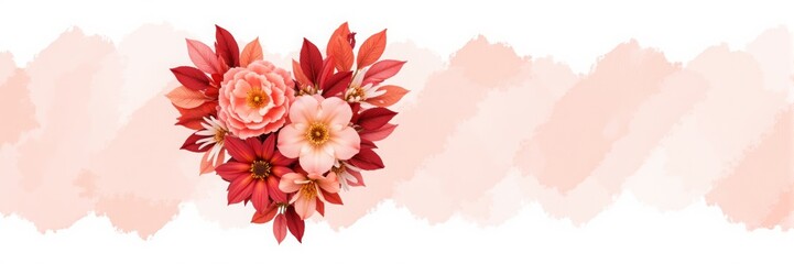 Obraz premium Floral heart arrangement with pink and red flowers on watercolor background