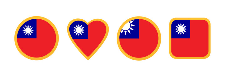 Obraz premium Taiwan flag icon set of square, circle and heart-shaped. Flat vector illustration isolated on white.