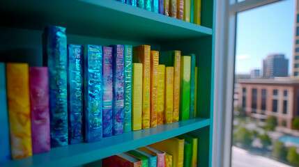 A colorful bookshelf filled with vibrant, rainbow-colored books, set against a sunny window view of a cityscape.