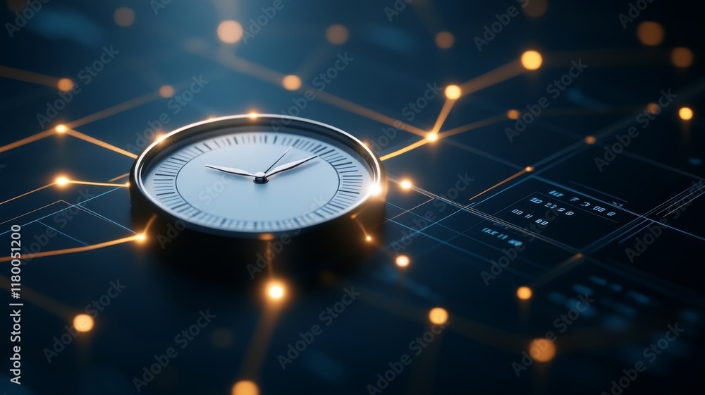 Poster digital clock on futuristic interface representing time management, technology, and innovation with 