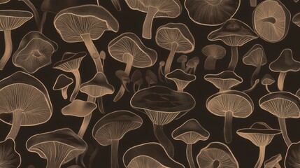 Captivating Mushroom Illustrations on Dark Background, Exquisite Botanical Art Print, Detailed Linework, Golden Hues, Mushroom Pattern Design