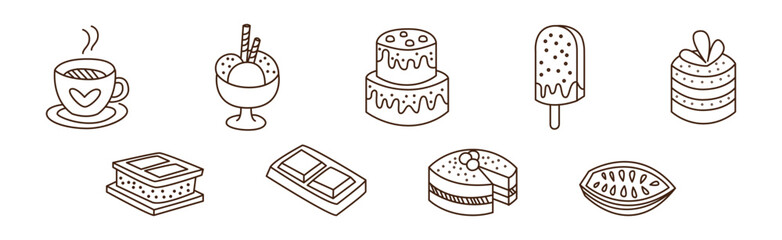 Outline Chocolate and Cacao Product and Confection Icon Vector Set