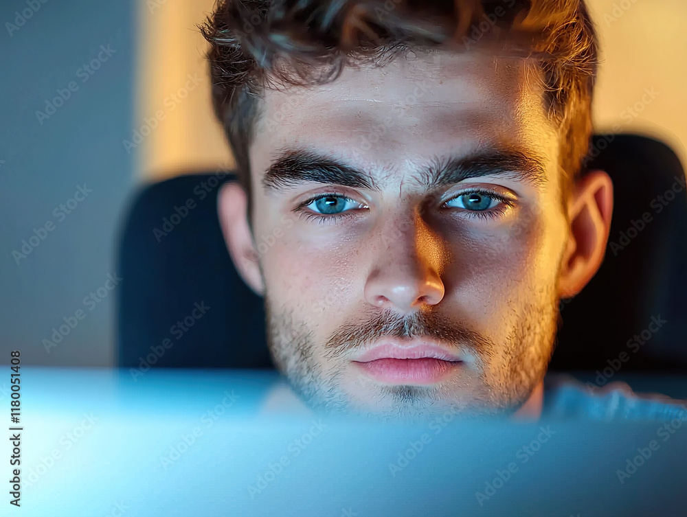 Aufkleber young man focused on computer screen, working in soft evening light with calm expression