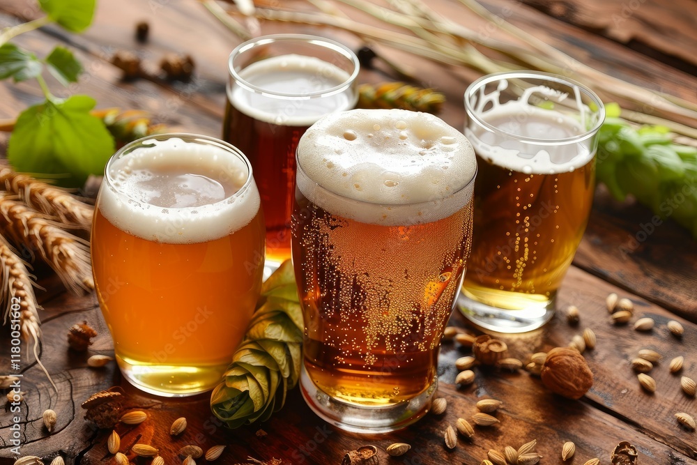 Poster four glasses of beer are resting on a table with hops and barley surrounding them