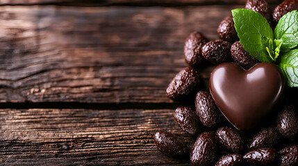 Obraz premium A heart-shaped chocolate surrounded by cocoa beans and fresh mint leaves on a rustic wooden background.