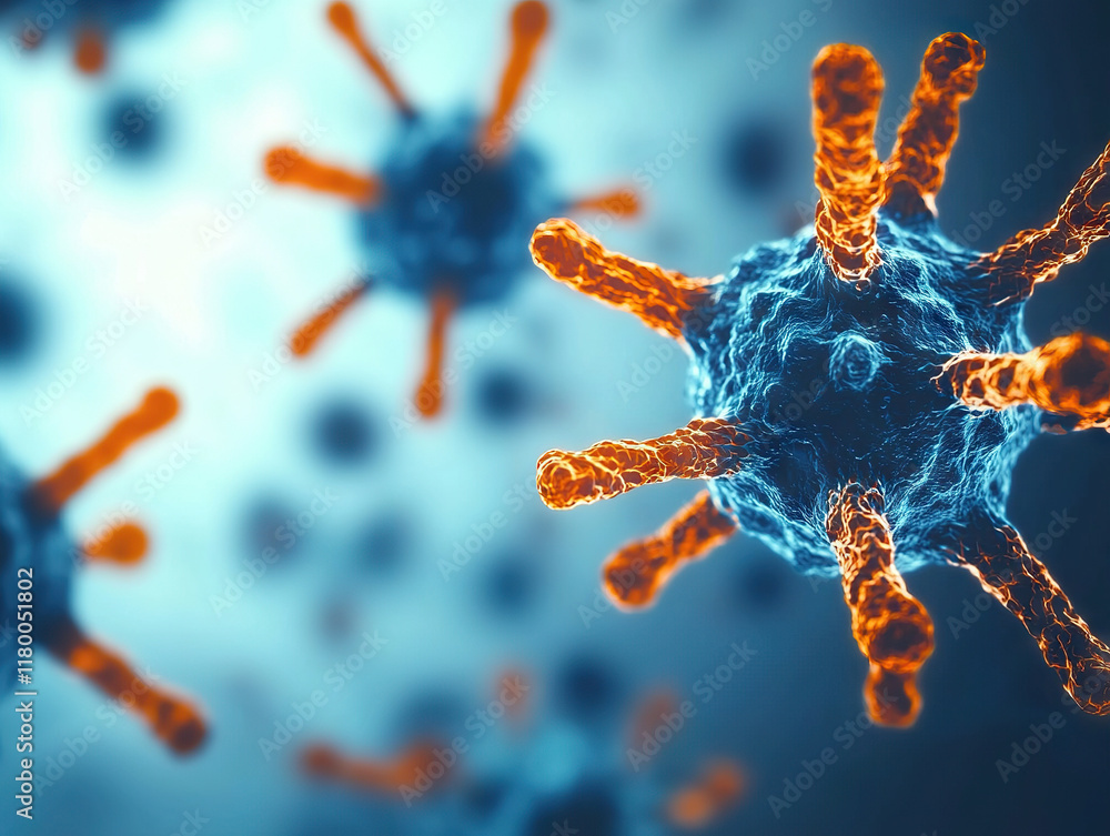 Poster microscopic view of virus particles with detailed structures and vibrant colors