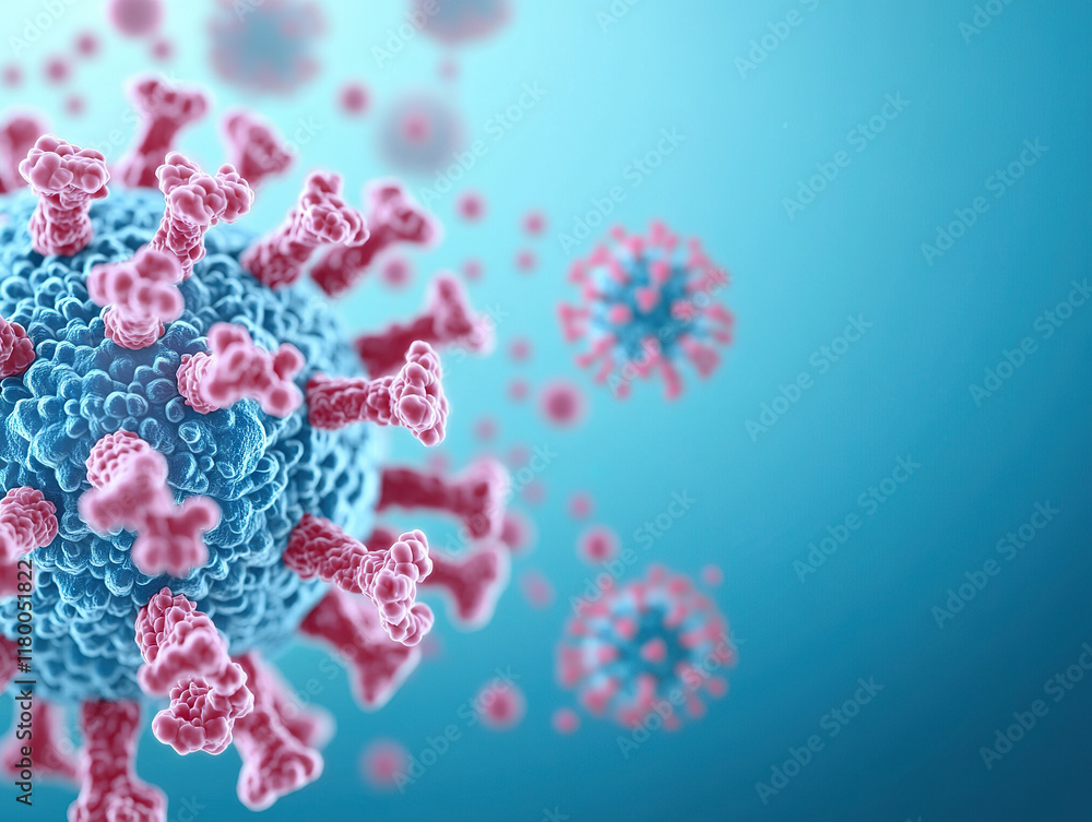 Aufkleber microscopic view of virus particle with spiked protein structure in blue background