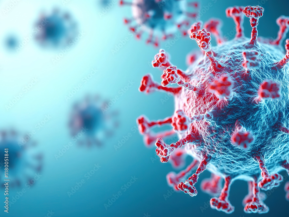Poster microscopic view of virus particles with detailed structures in scientific setting