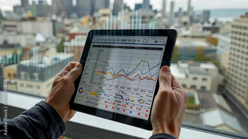 Poster analyzing data trends from a tablet with a city skyline view in the background