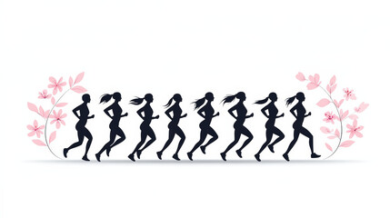 A dynamic group of runners showcases fitness and movement, highlighted by pink floral accents