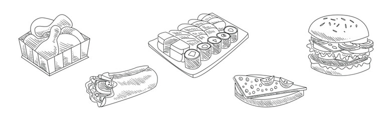 Fast Food and Appetizing Snack Sketch Drawing Vector Set