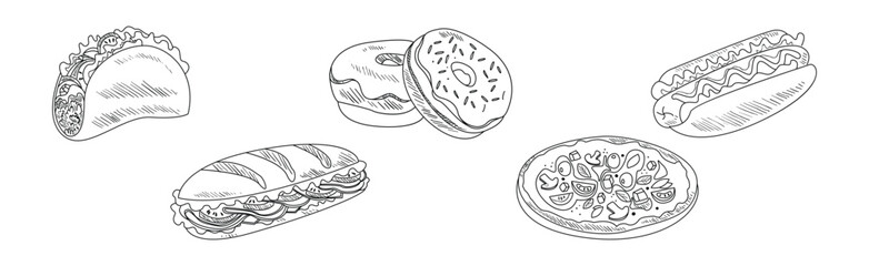 Fast Food and Appetizing Snack Sketch Drawing Vector Set