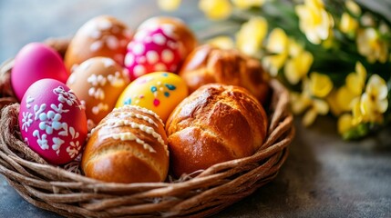 Easter Basket with Painted Eggs and Bread