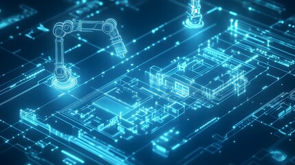 Futuristic Tech Park Blueprint with Floating Robot Arm and Illuminated Data Network Icons