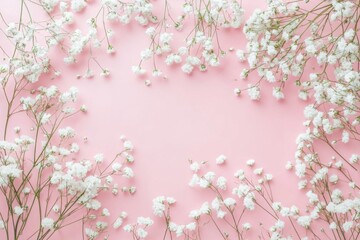 Floral Elegance: Delicate white gypsophila blossoms cascade over a soft pink backdrop, creating a visually pleasing, light and airy, and romantic floral frame.