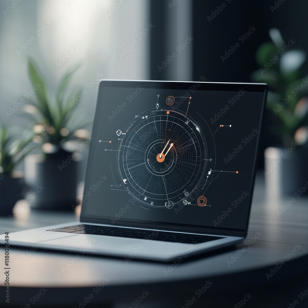 Poster modern laptop displaying advanced data visualization with a futuristic design in a bright indoor env